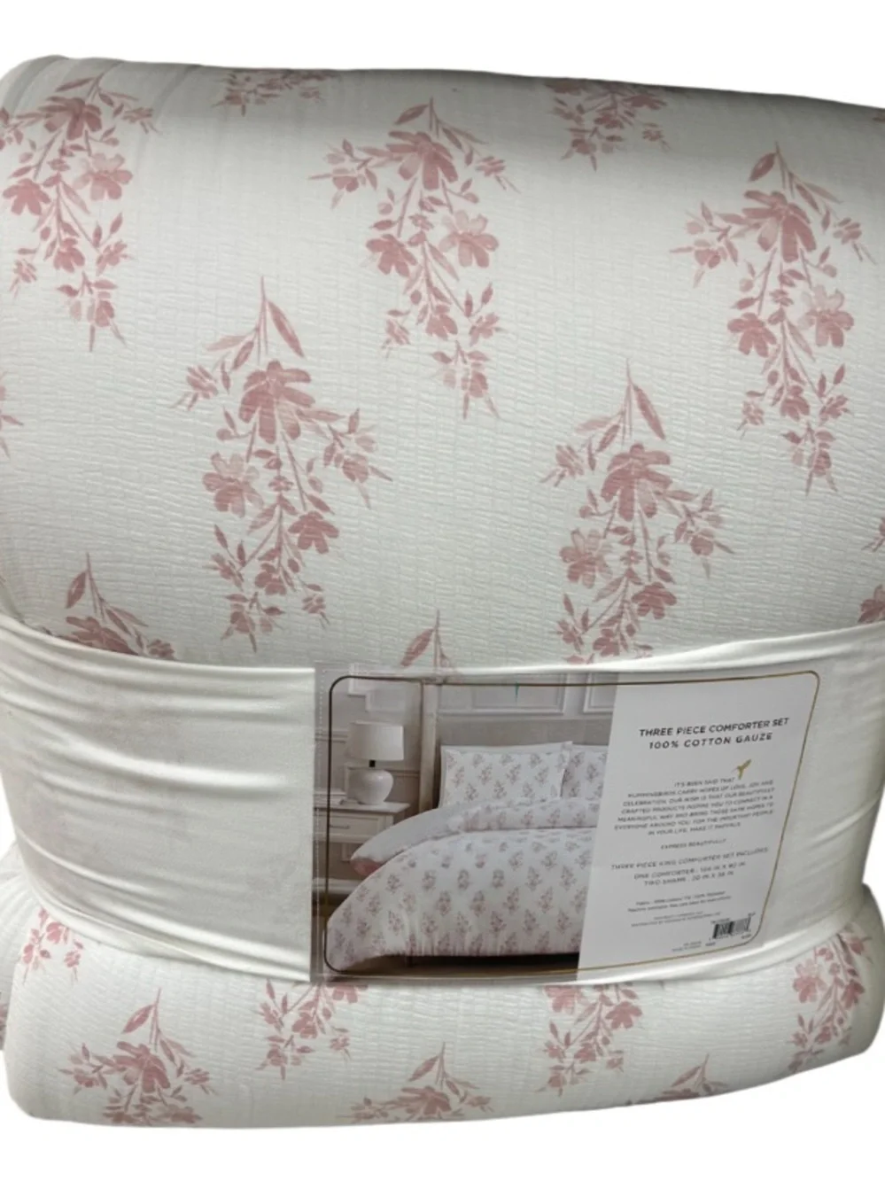 Papyrus Blush Pink and White Cotton Gauze King Floral Comforter Set 104”x90”